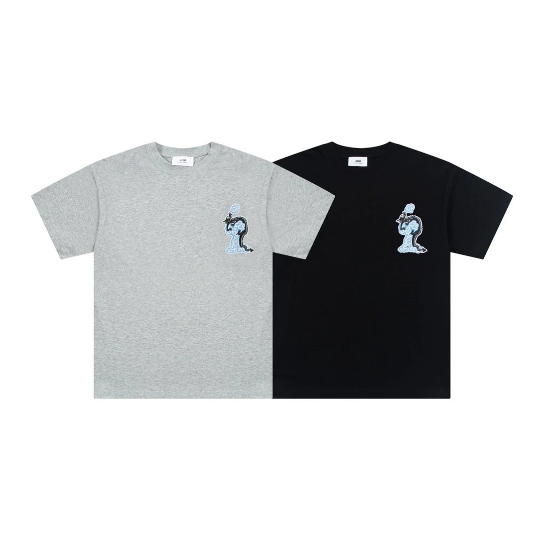 AMI Gray Dragon Embroidery Unisex Cotton T-Shirt