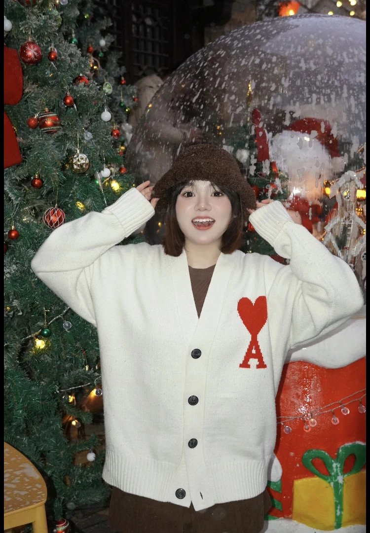 AMI White V-Neck Cardigan Red Heart Logo Sweater Unisex
