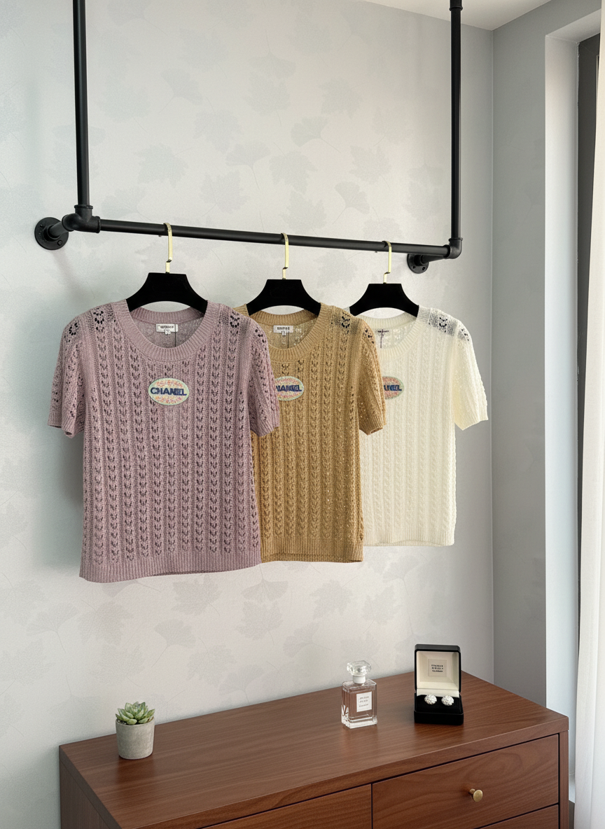 CHANEL Women Crochet Knit Top Short Sleeve Summer Tee
