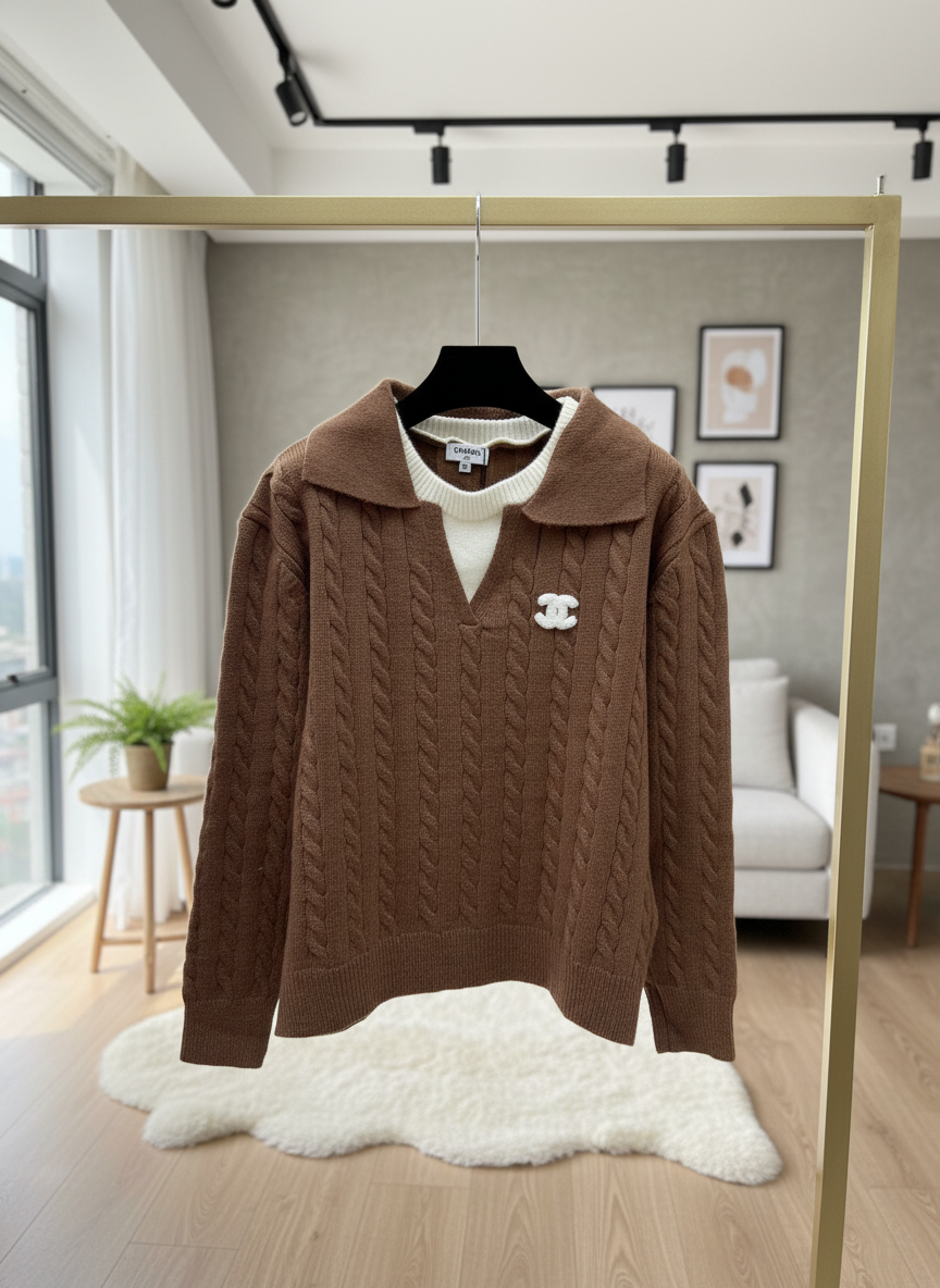 CHANEL Brown Knit Hoodie Women Sweater Autumn