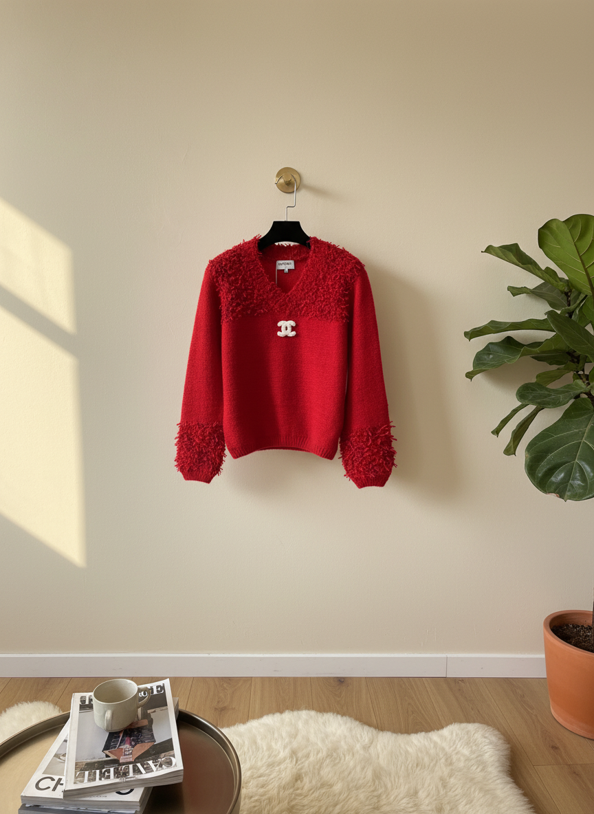 CHANEL Red Wool Hoodie Textured Knit Logo Sweater