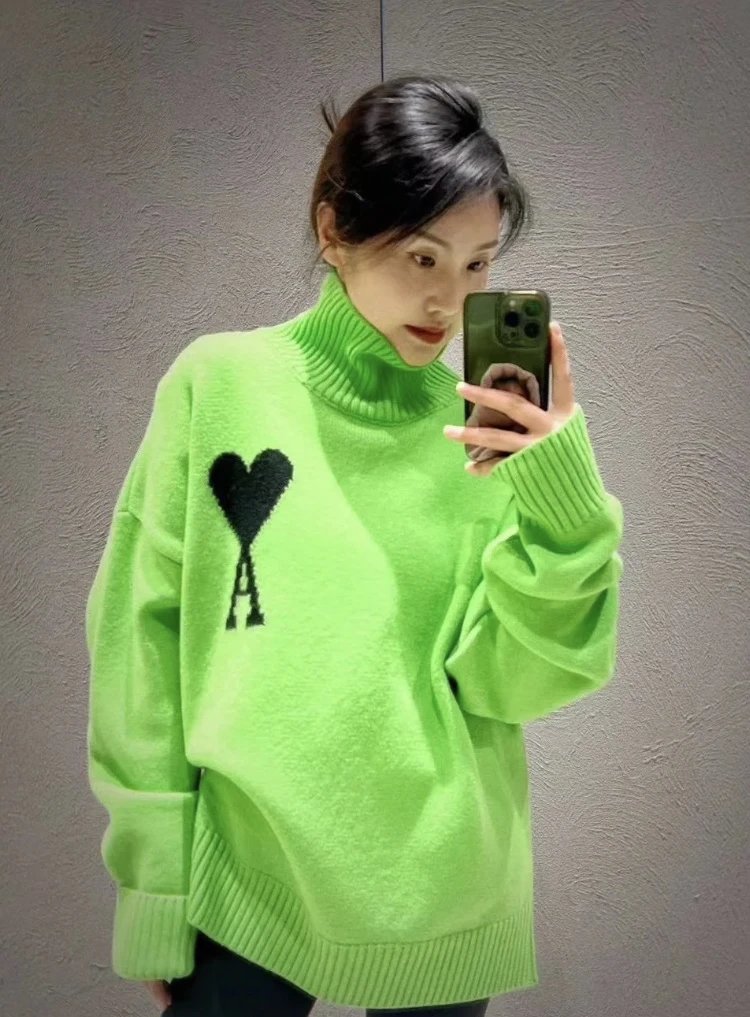 AMI Black Heart Fluorescent Green Knit Turtleneck Sweater