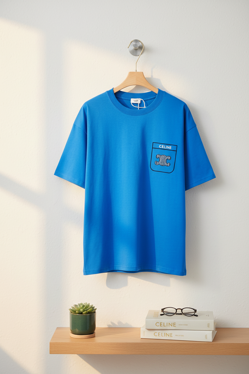 CELINE Unisex Logo Pocket Cotton T-Shirt Blue