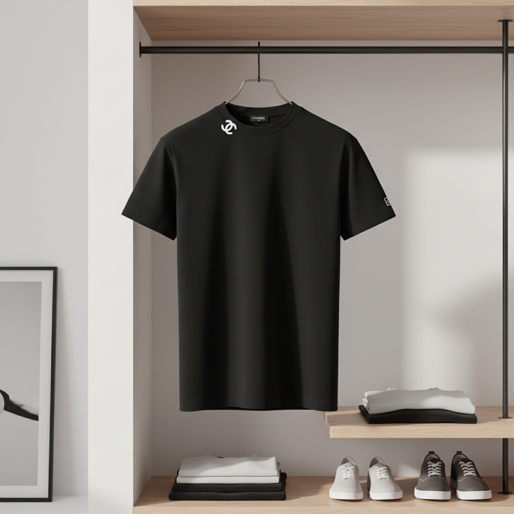 CHANEL Black Cotton T-Shirt Classic Crew Neck Logo Tee