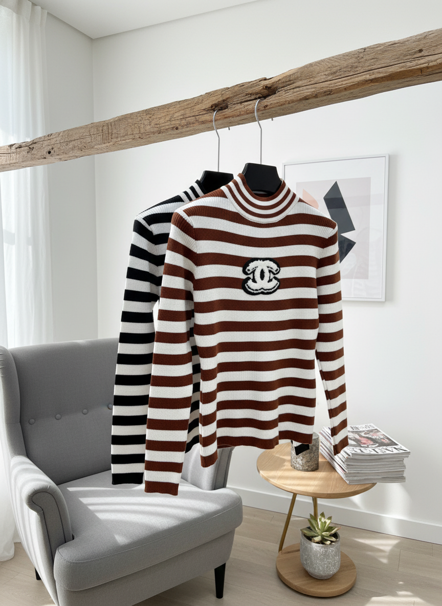 CHANEL Striped Knit Turtleneck Sweater Women Slim Fit