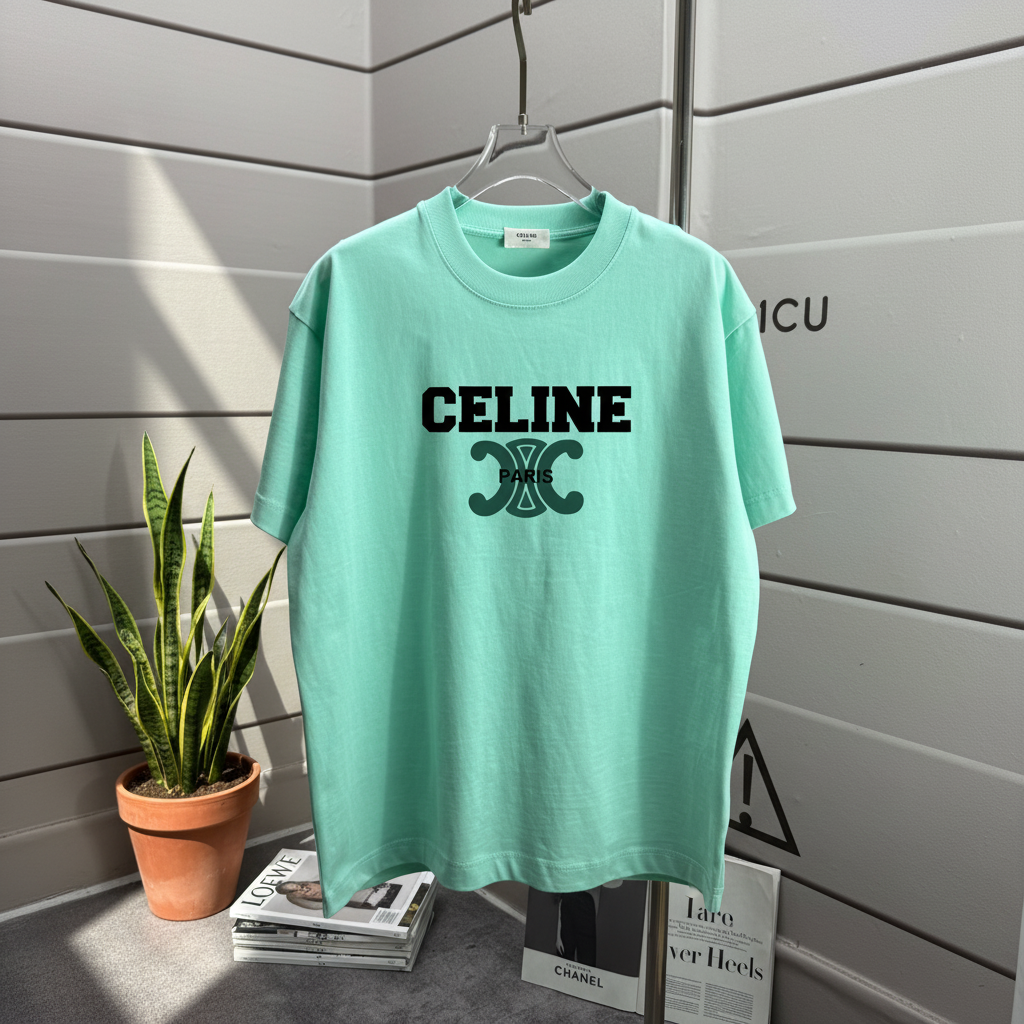 CELINE Paris Mint Green Unisex Cotton Logo T-Shirt