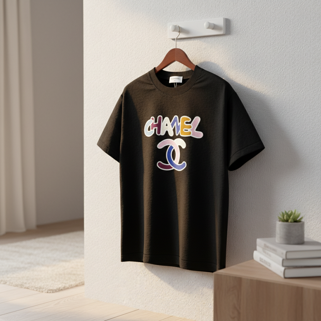 CHANEL Black Cotton Colorful Logo Women T-Shirt