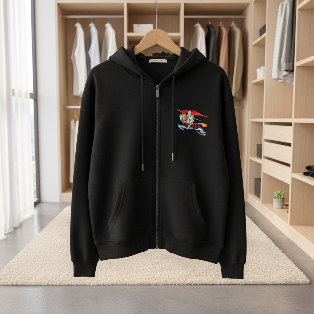 Burberry Black Embroidered Logo Zip Hoodie Jacket