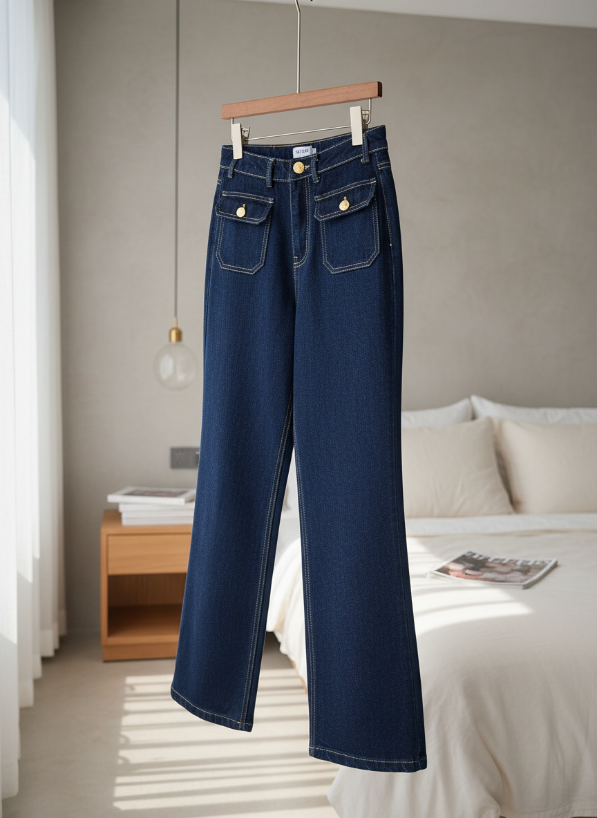 CELINE Dark Blue High Waist Straight Jeans
