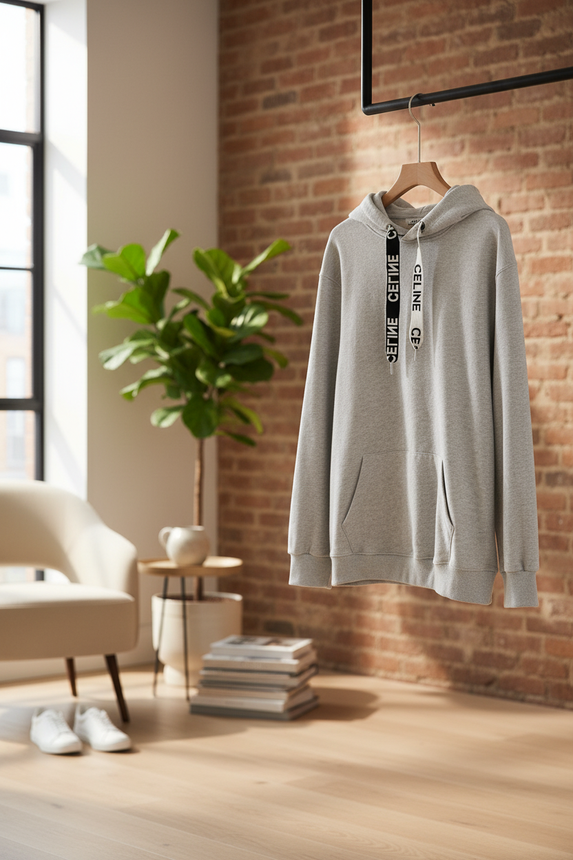 CELINE Grey Logo Drawstring Unisex Pullover Hoodie