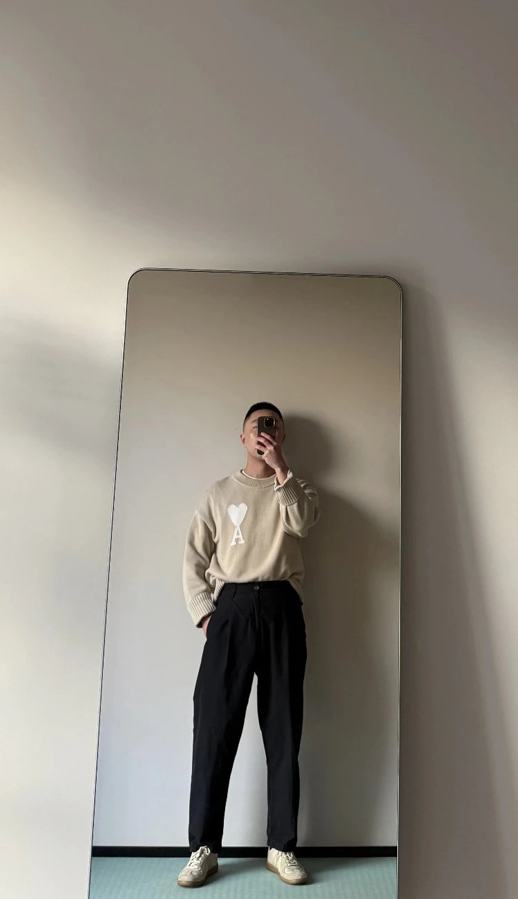 AMI Beige Knit Crewneck Sweater White Heart Logo