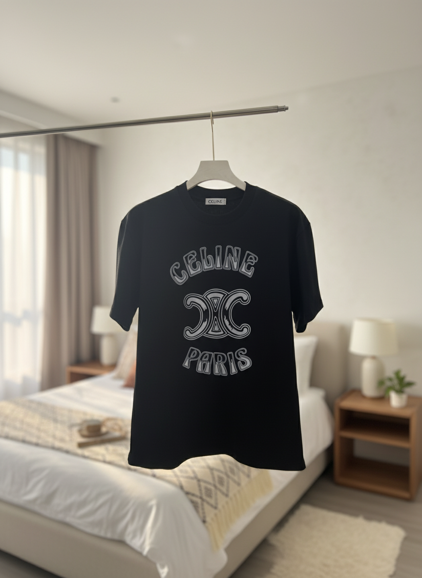 CELINE Paris Black Logo Cotton T-Shirt Unisex Fashion Tee