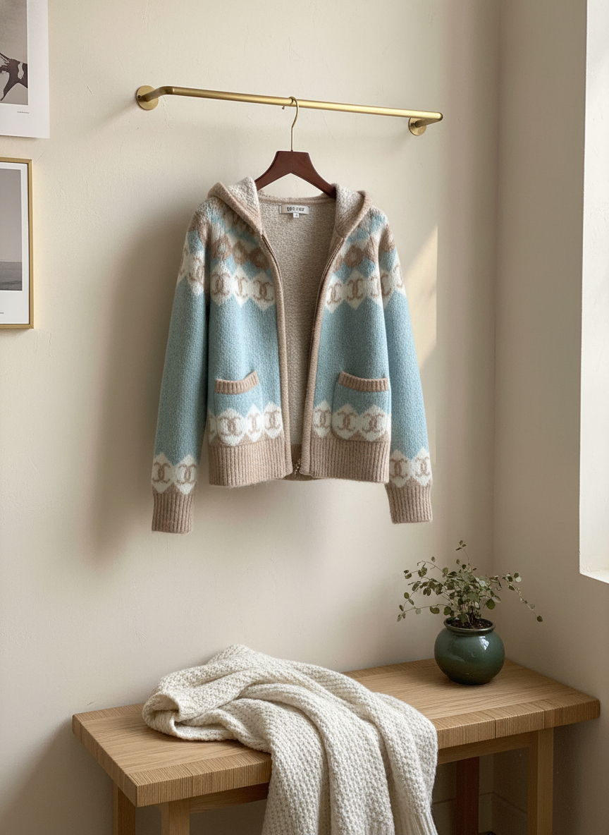 CHANEL Wool Knit Beige Blue Cardigan Jacket