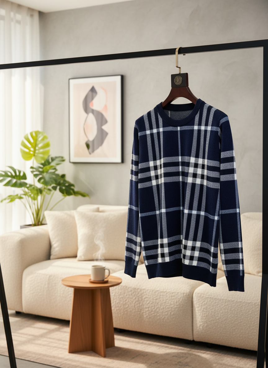 Burberry Men Plaid Knit Sweater Navy Pullover