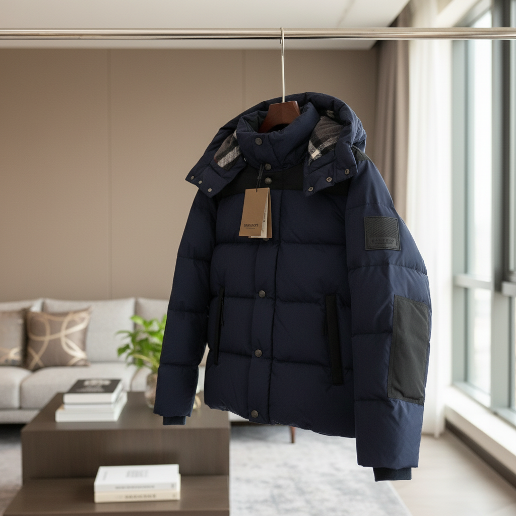 Burberry Men’s Navy Quilted Down Jacket Hooded Coat