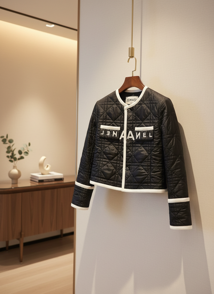 CHANEL Women Quilted Black Short Jacket White Trim