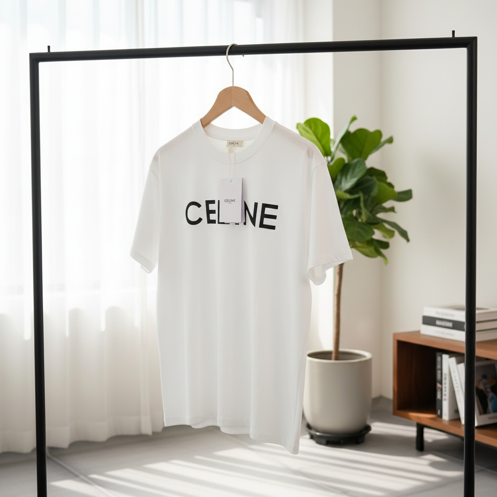 CELINE White Logo Cotton T-Shirt Casual Top