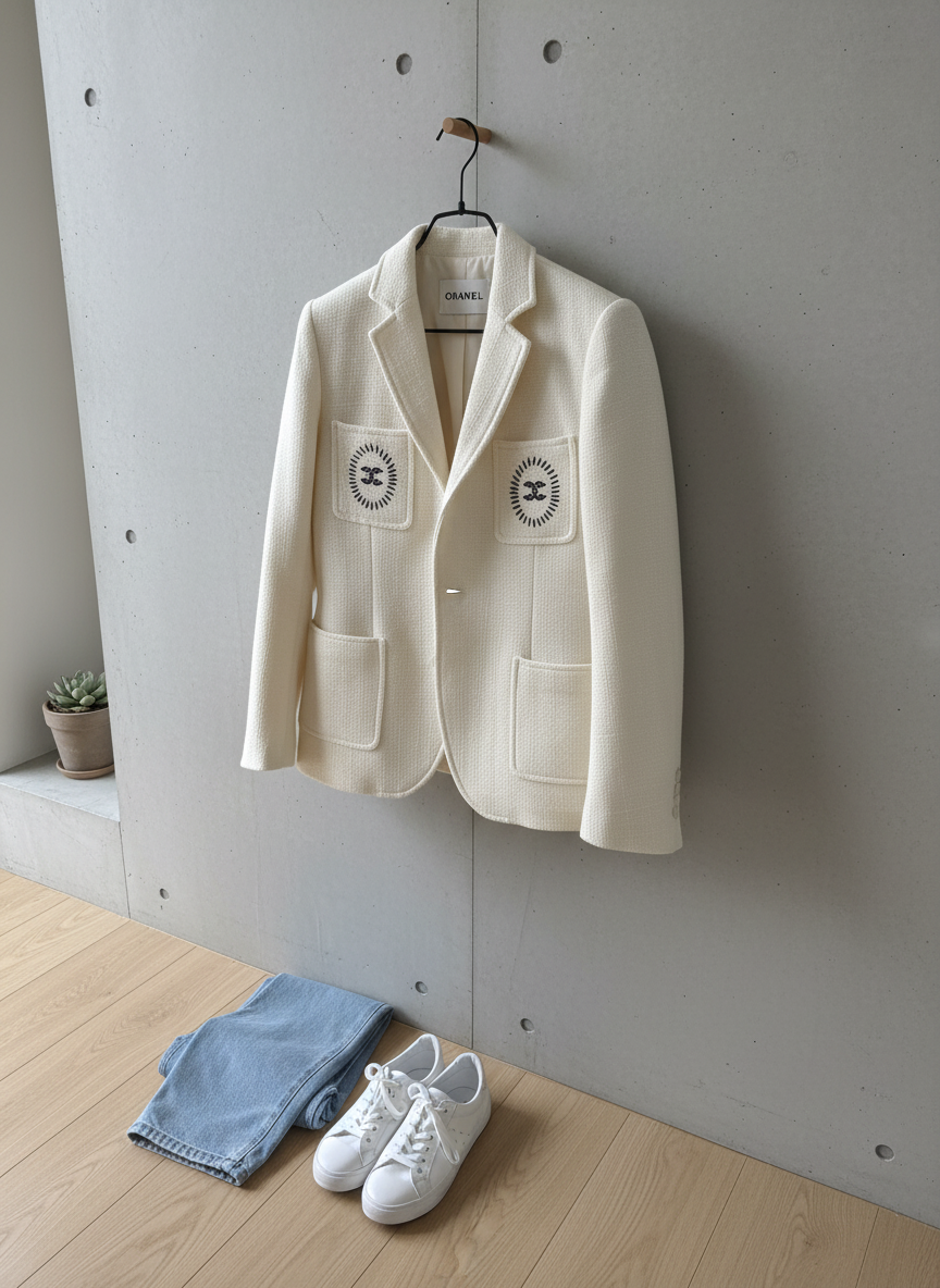 CHANEL Cream Tweed Women’s Classic Pocket Blazer Jacket