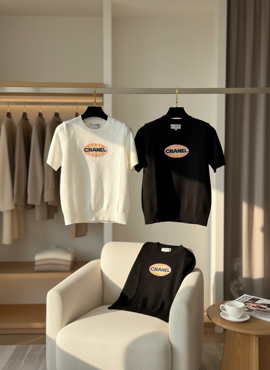 CHANEL Diamond Knit Color Logo Short Sleeve T-Shirt