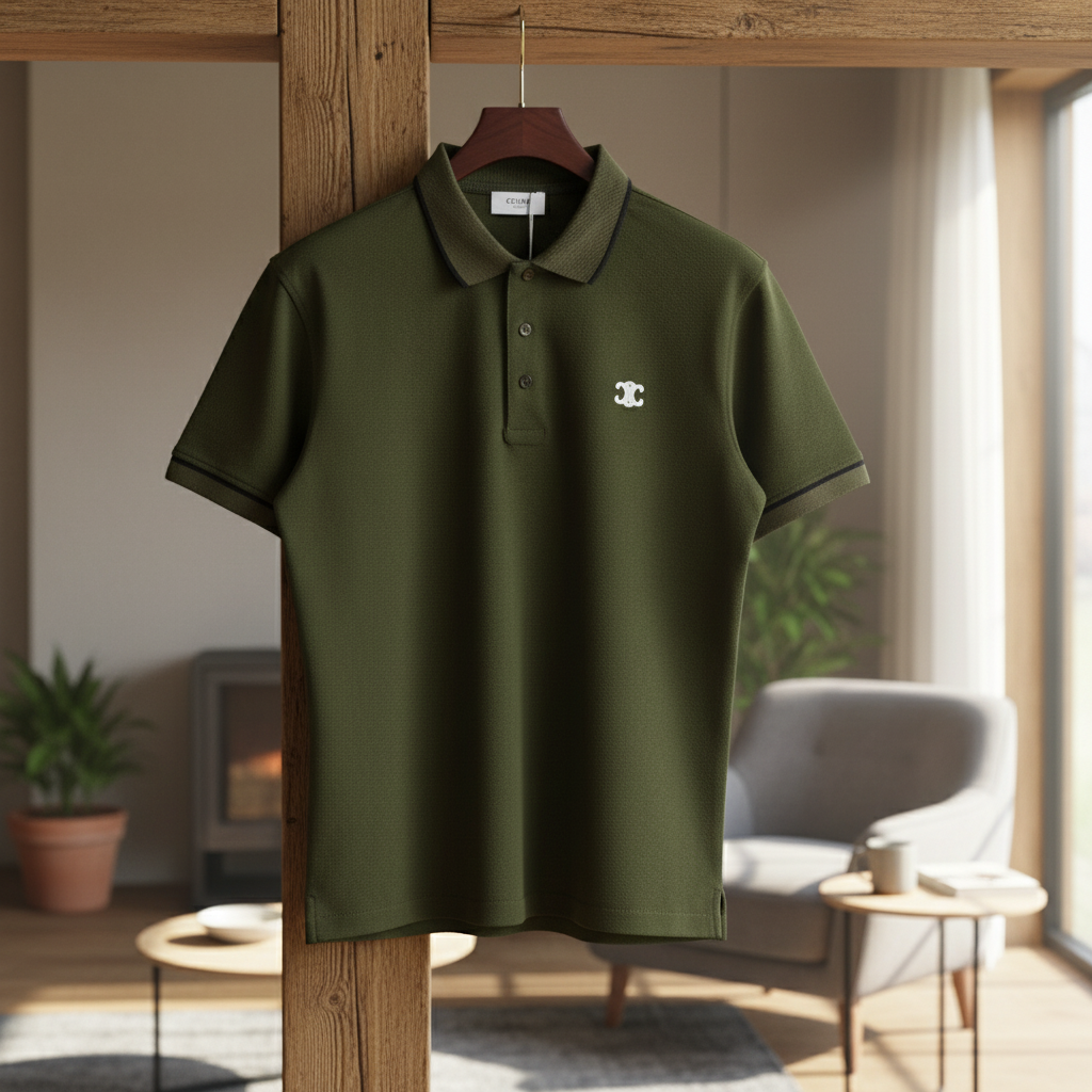 CELINE Men’s Green Cotton Polo Shirt Logo Embroidery