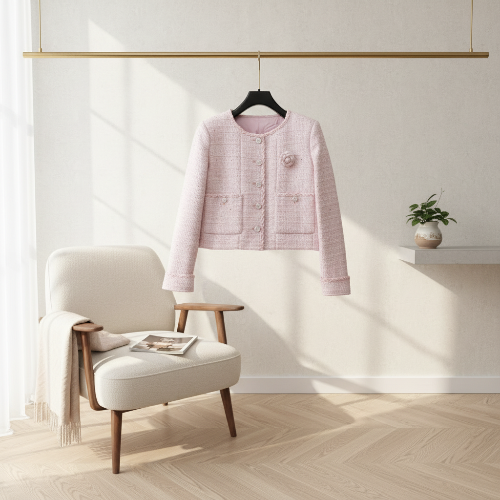 CHANEL Pink Tweed Cropped Jacket Crystal Buttons