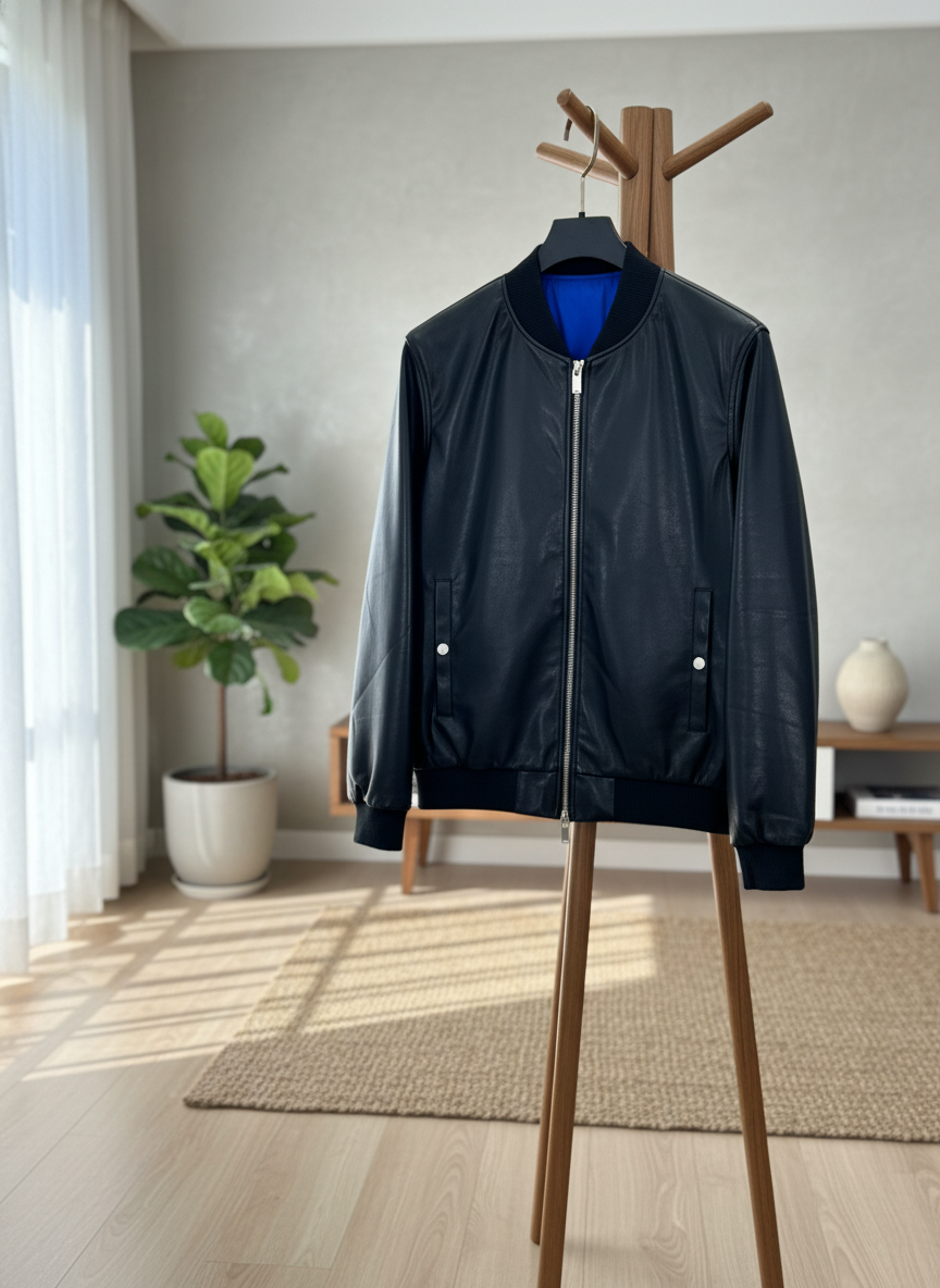Burberry Men Black Lambskin Leather Bomber Jacket