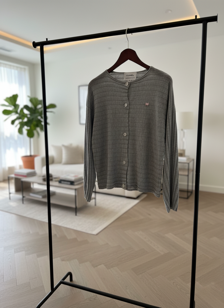 CHANEL Grey Ribbed Knit Women’s Cardigan Jacket