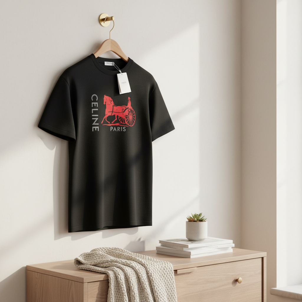 CELINE Paris Black Red Horse Carriage T-Shirt