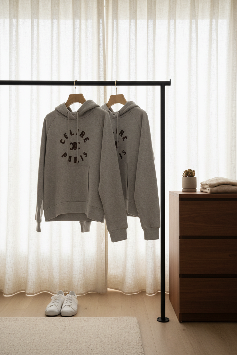 CELINE Paris Grey Cotton Logo Hoodie Pullover