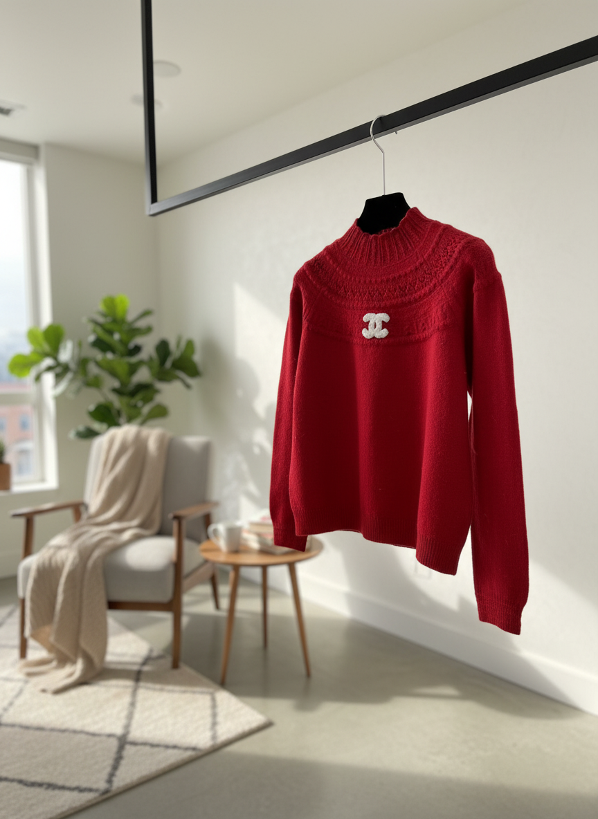 CHANEL Red Knit Hoodie Women’s Wool Sweater Fashion Tops