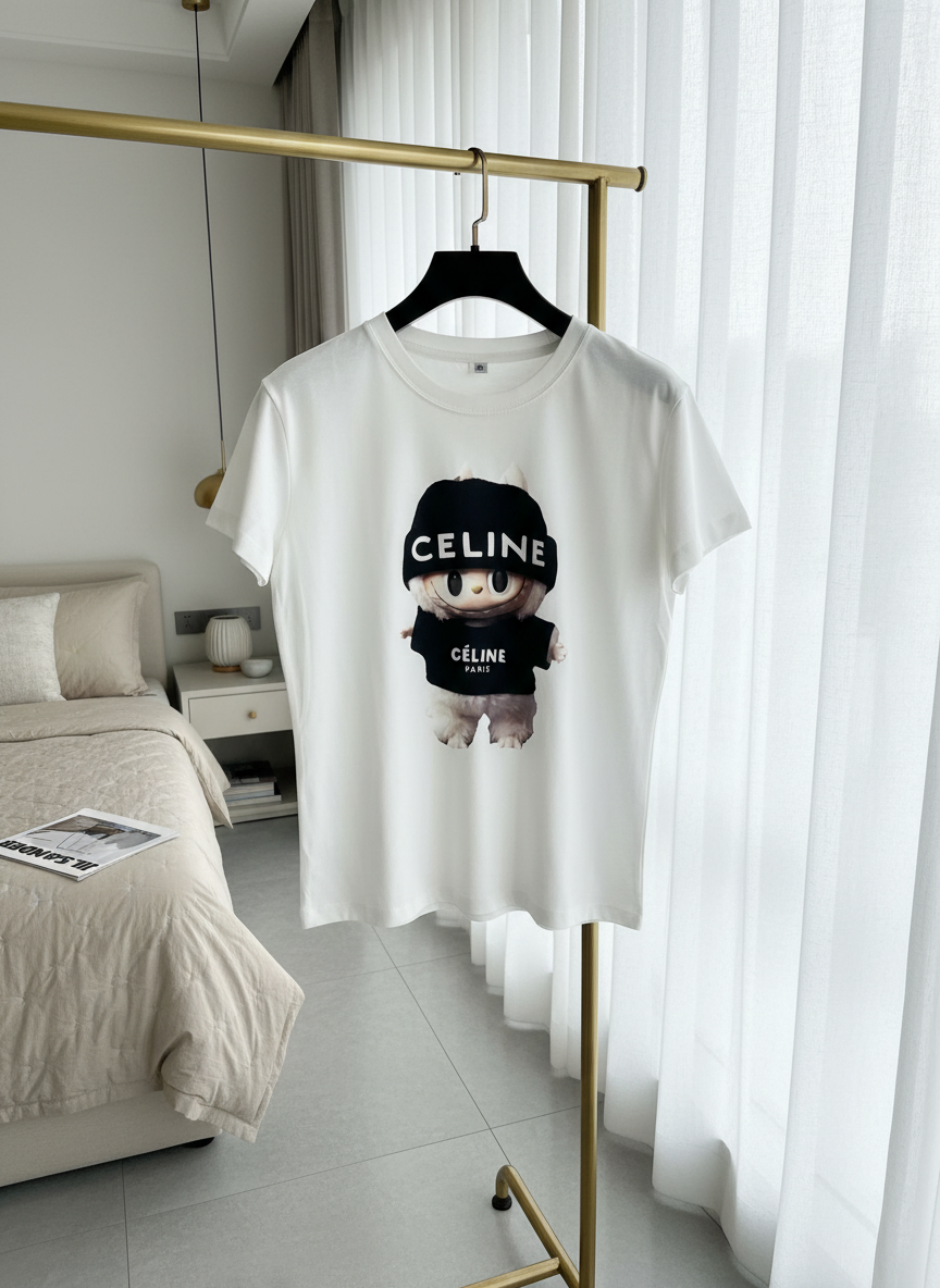 CELINE Women’s White Bear Print Cotton T-Shirt