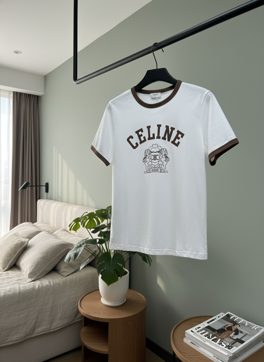 Celine White Cotton T-Shirt Brown Trim Unisex Fashion