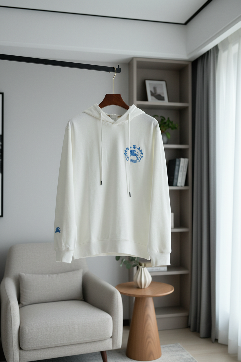 Burberry White Blue Crest Cotton Hoodie Men