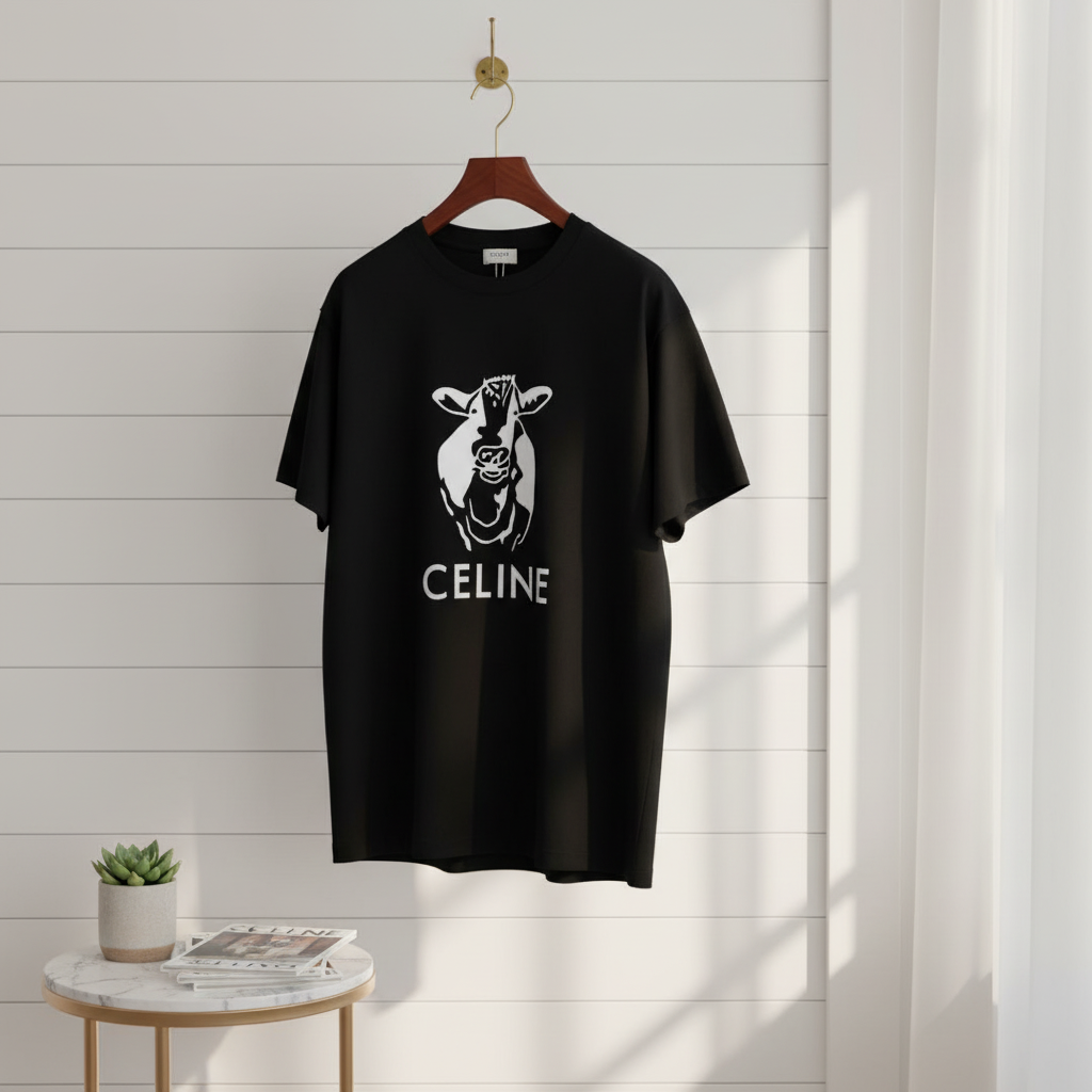 CELINE Black Cow Graphic Cotton T-Shirt