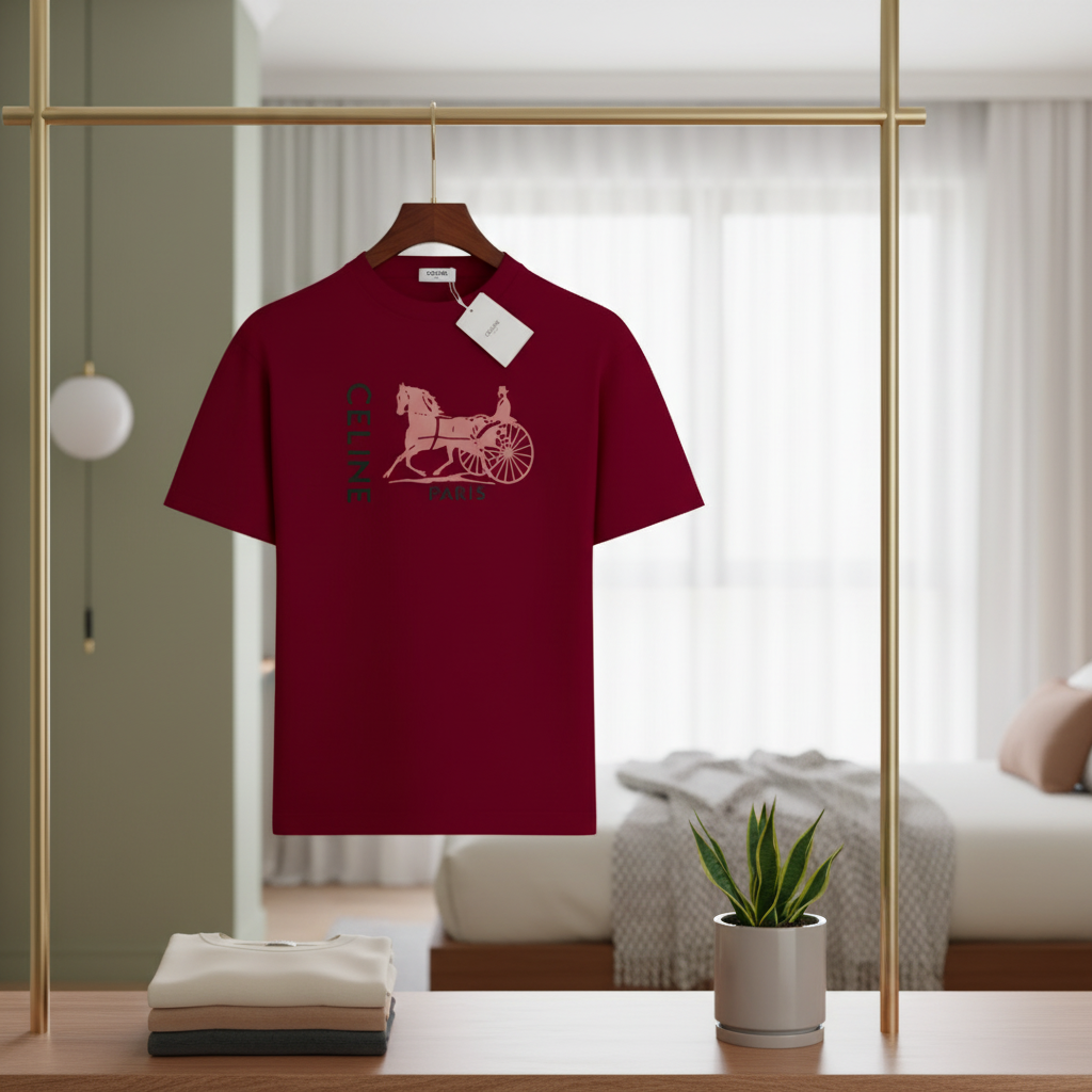 CELINE Paris Burgundy Carriage Logo Cotton T-Shirt