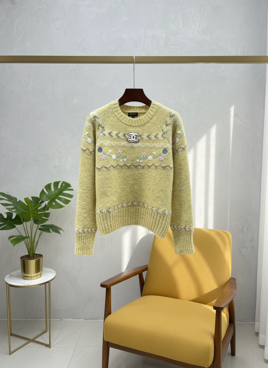 CHANEL Yellow Wool Floral Knit Sweater Women