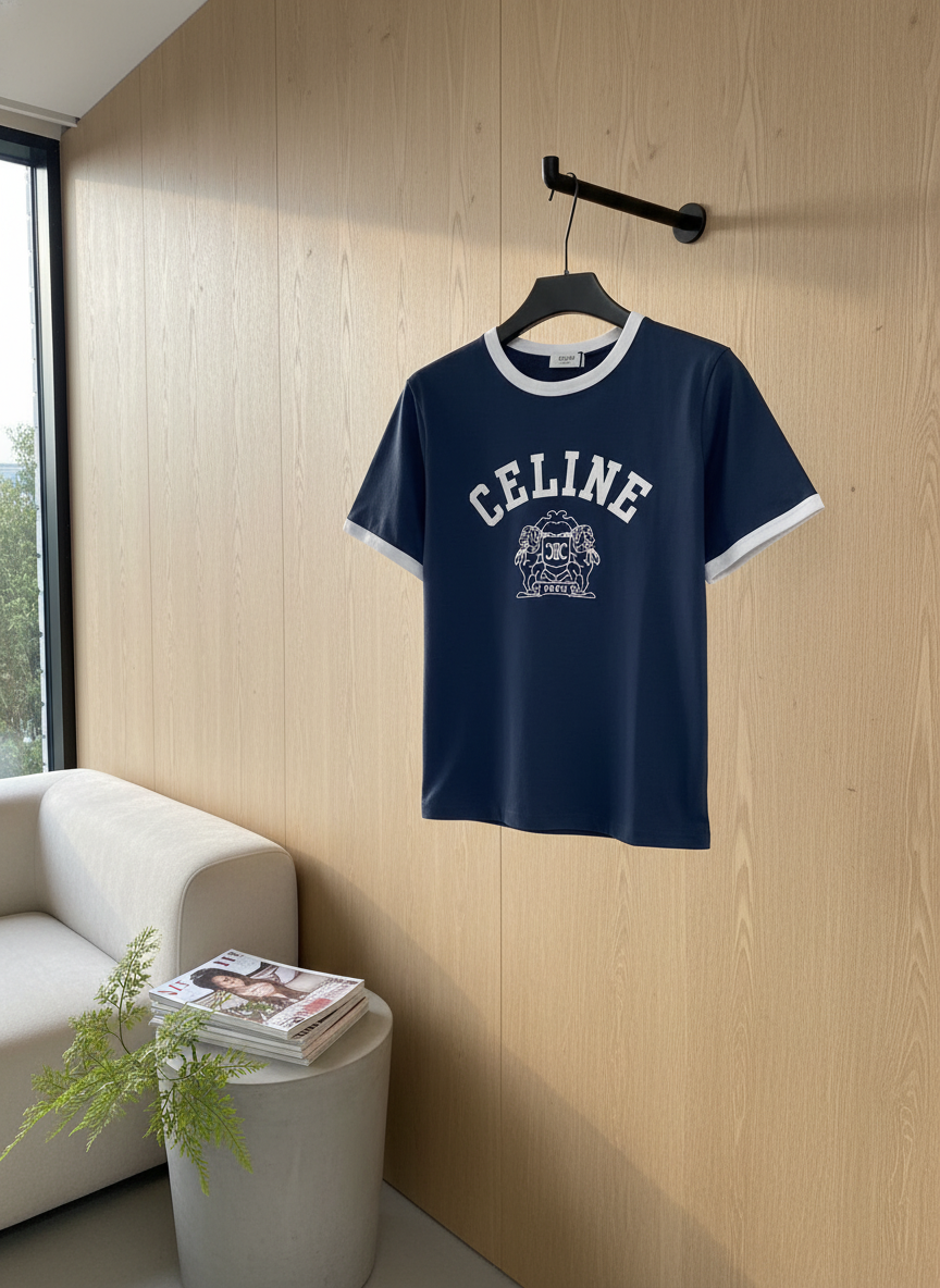 CELINE Unisex Navy White Logo Cotton T-Shirt