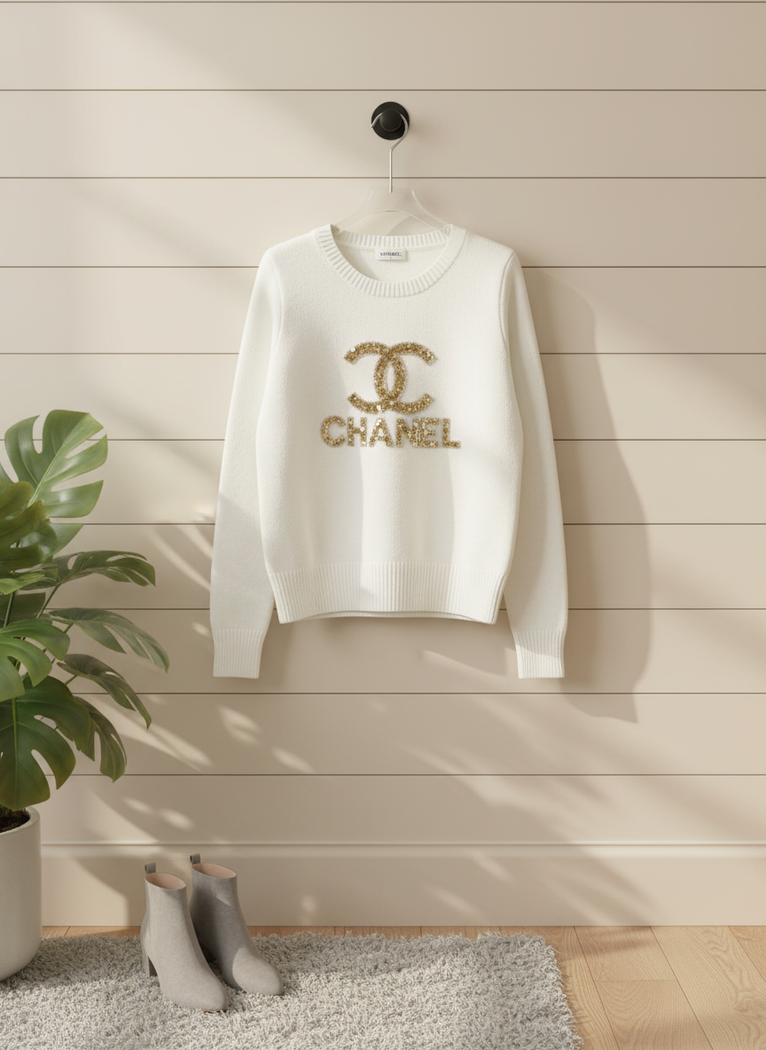 CHANEL White Knit Sweater Women Gold Rhinestone Pullover