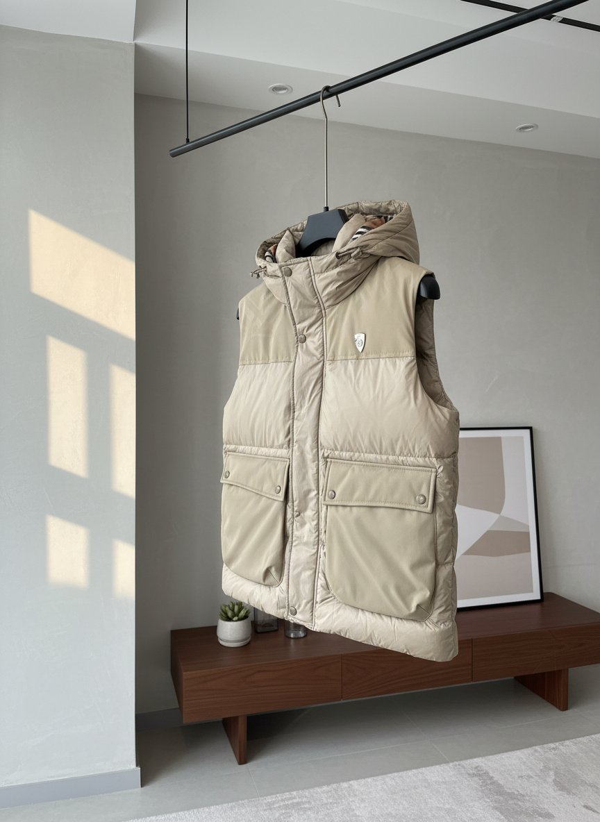 Burberry Men Hooded Beige Down Vest Classic Check