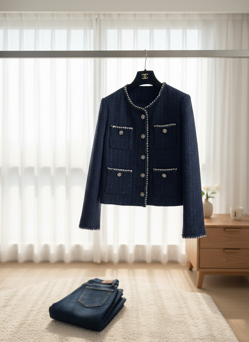 CHANEL Navy Tweed Women’s Jacket Elegant Blazer