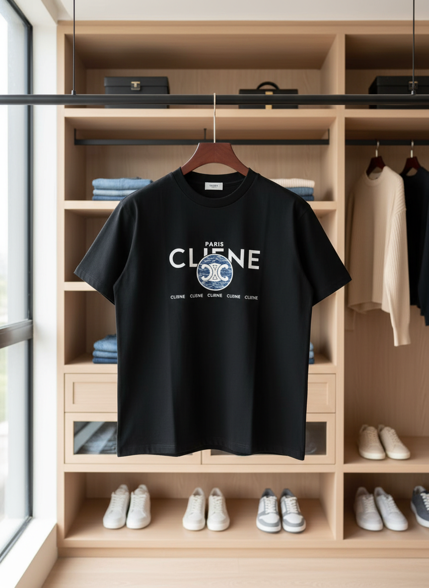 CELINE Paris Logo Black Cotton T-Shirt