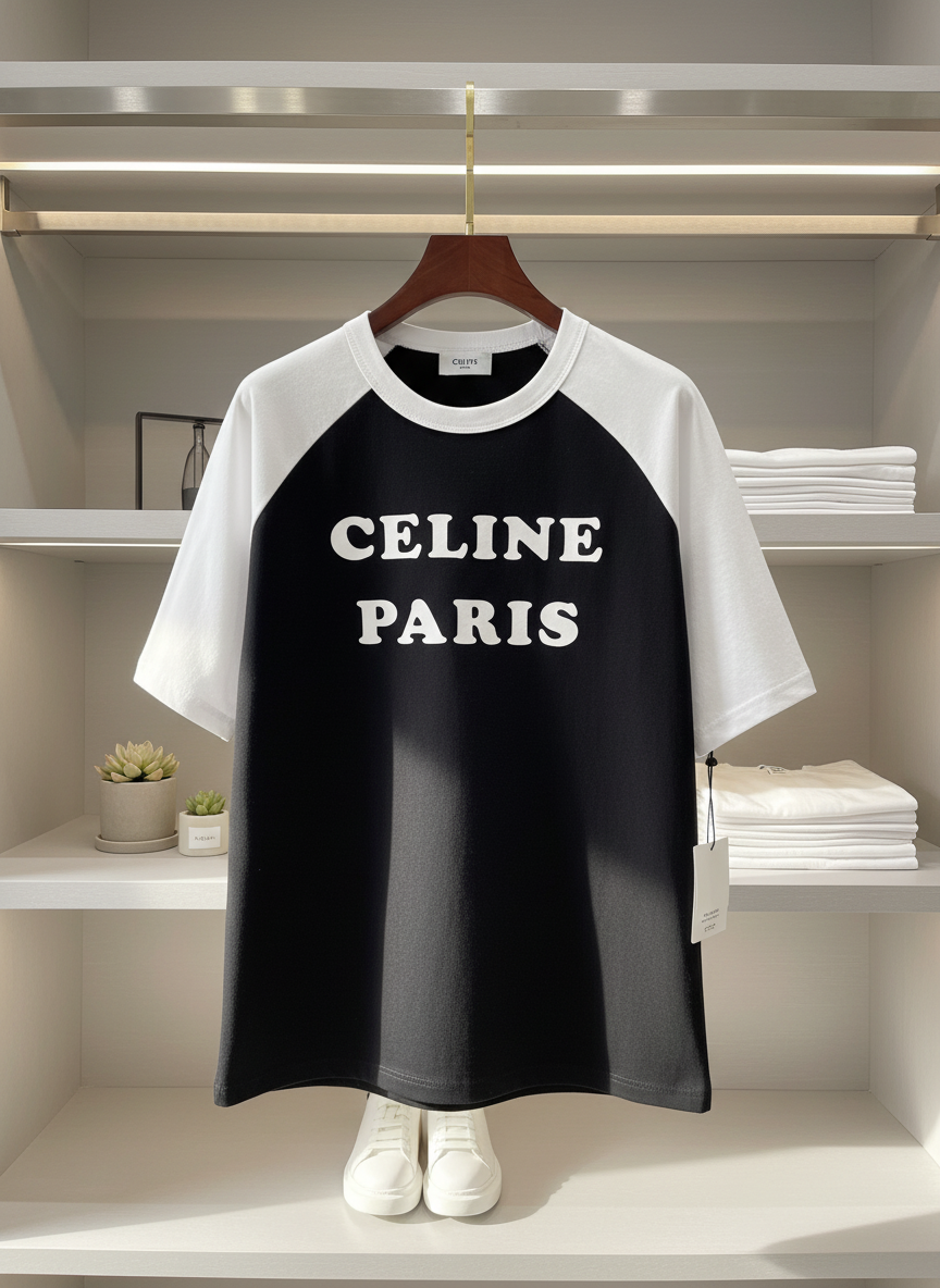 CELINE Paris Black White Cotton Logo T-Shirt