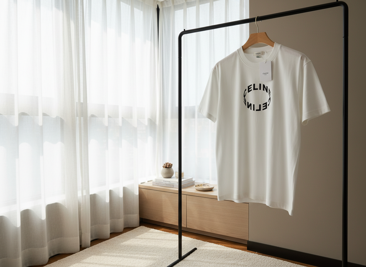 CELINE White Cotton Logo Print T-Shirt