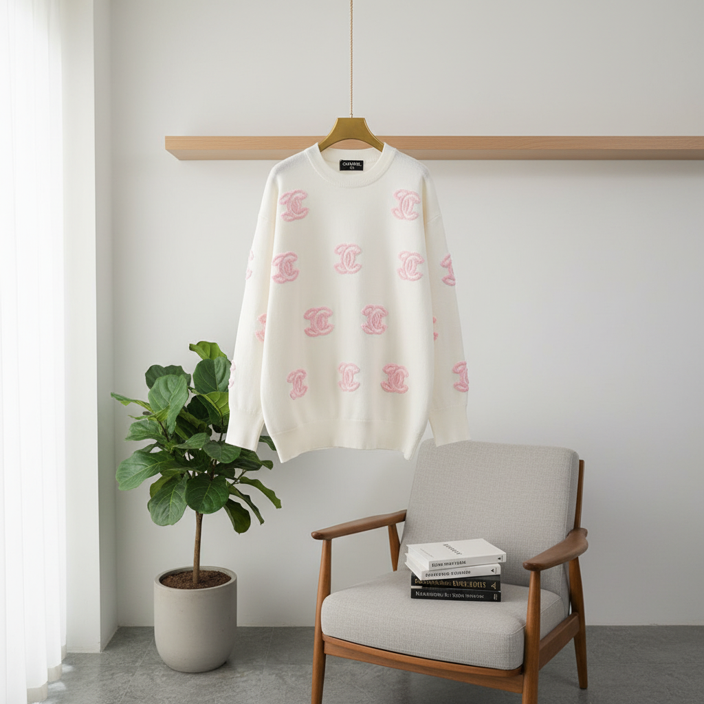 CHANEL Women White Knit Sweater Pink Logo Pullover