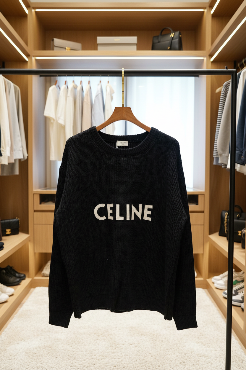 CELINE Black Logo Knitted Hoodie Casual Streetwear