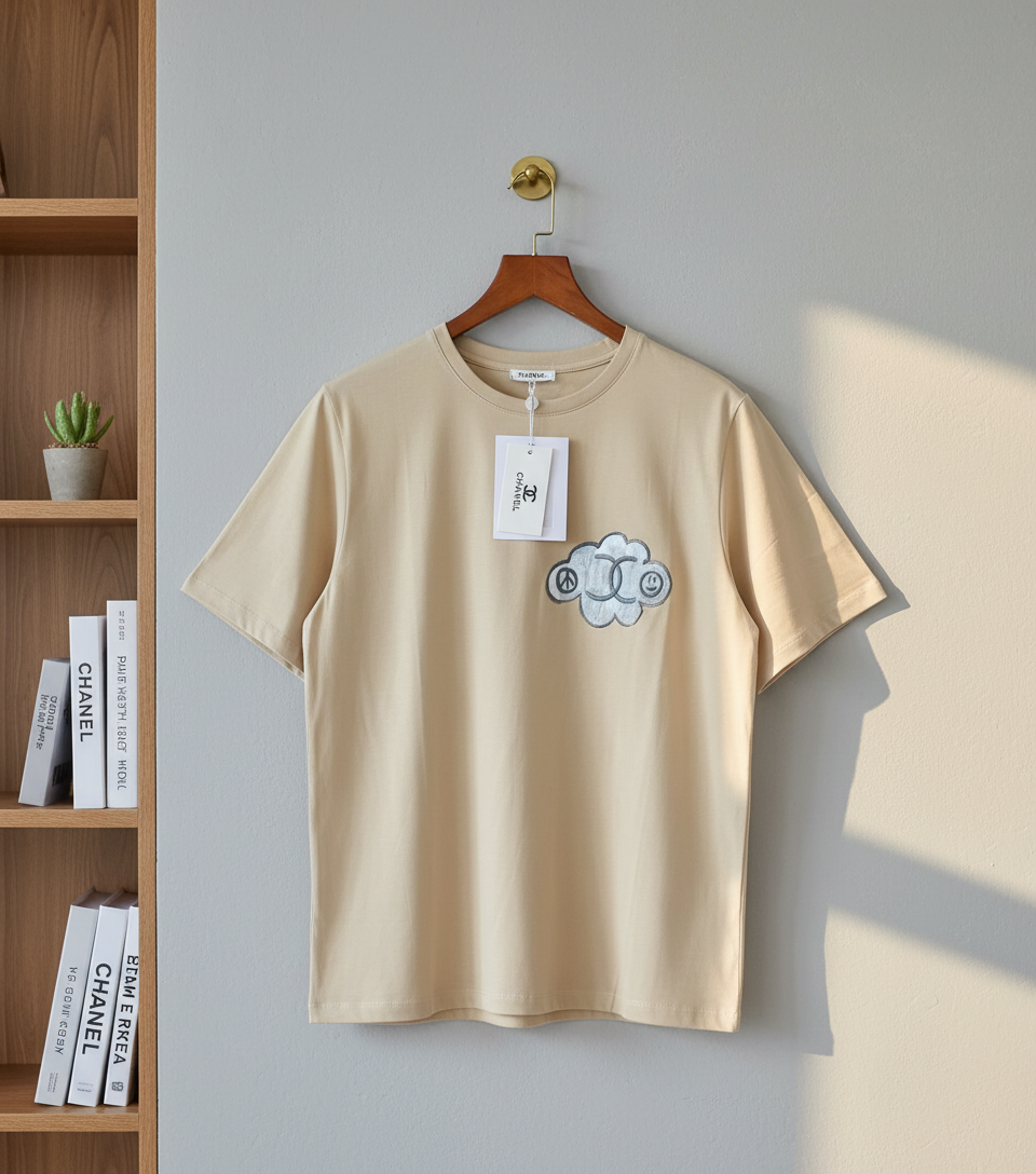 CHANEL Beige Cloud Logo Cotton T-Shirt Unisex