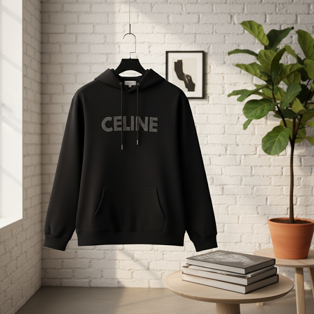 CELINE Crystal Logo Black Cotton Hoodie