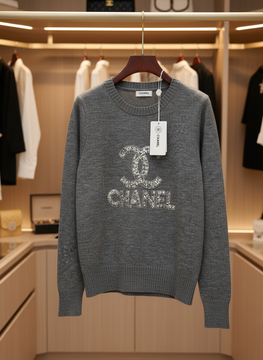 CHANEL Gray Knit Logo Hoodie Sweater