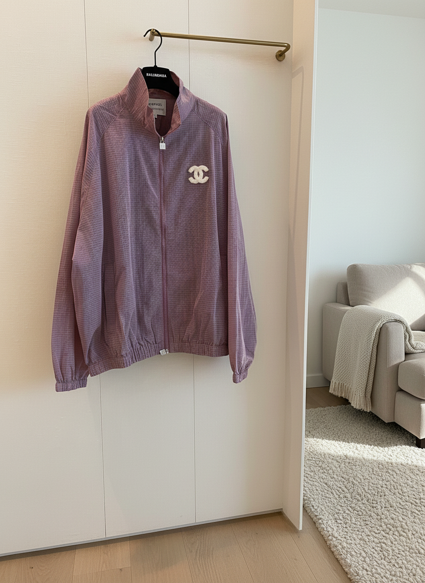 CHANEL Women Purple Check Lightweight Zip Jacket