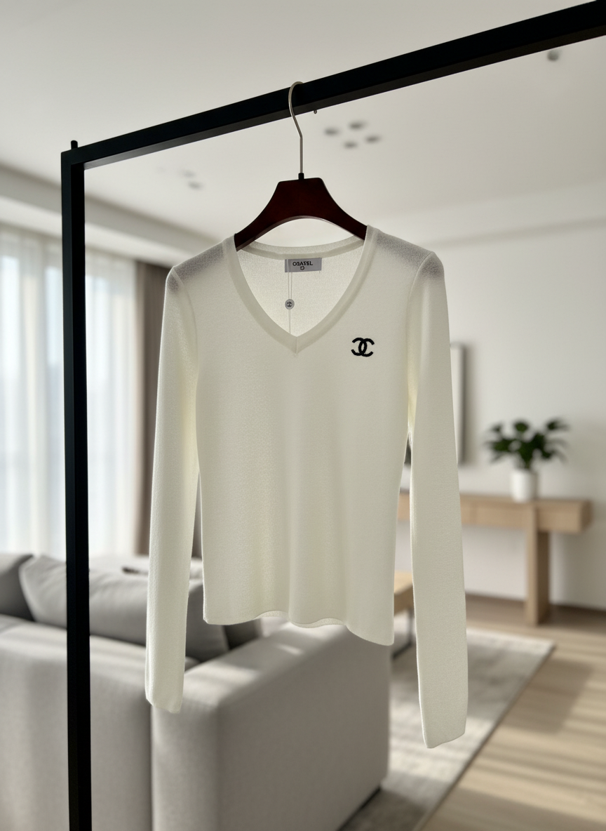 CHANEL Women V-Neck White Knit Sweater Long Sleeve Top